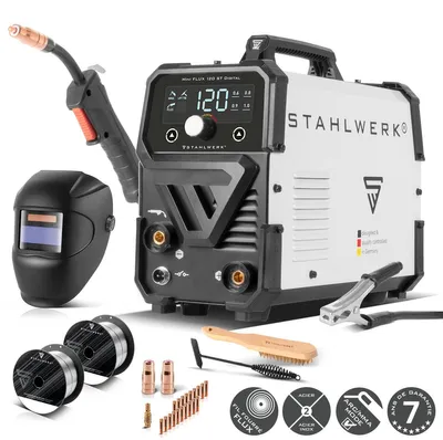 Image de STAHLWERK Poste à souder Mini FLUX 120 ST Digital - Equipement complet - Soudage au fil fourré sans gaz de protection jusqu'à 120 A, fonction Lift-TIG & MMA