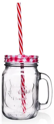 Image de Verre à boisson en verre - Bouchon à vis - Paille - 450 ml - Rouge