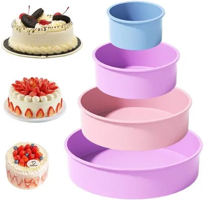 Obrázek produktu pro Sada 4 silikonových kulatých forem na pečení Unyqoos®, rozměry 10/15/20/25 x 6 cm, vícebarevná – bez BPA, s nepřilnavým povrchem, vhodné do trouby, mikrovlnné trouby a myčky, ideální pro koláče a dezerty