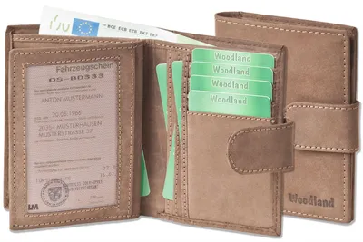 Zdjęcie produktu dla Woodland® – nowoczesny portfel uniwersalny z dużym zapięciem zewnętrznym, wykonany z miękkiej, naturalnej skóry bawolej, kolor ciemnobrązowy/taupe