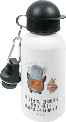 Produktbild von Mr. & Mrs. Panda Trinkflasche Pinguin & Maus Wanderer - Weiß - Geschenk, Ausflug, Wandern, Abenteuer, Wasserflasche, Roadtrip, Sportflasche, Kinder, Kindergarten