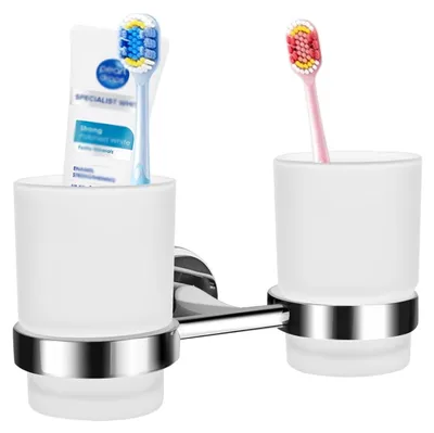 Image de Support mural double pour brosses à dents, avec 2 verres en verre dépoli - Organisateur en acier inoxydable pour salle de bain