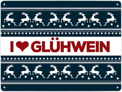 Produktbild von I love Glühwein Metallschild XXL in blau mit Weihnachtsmuster Motiv