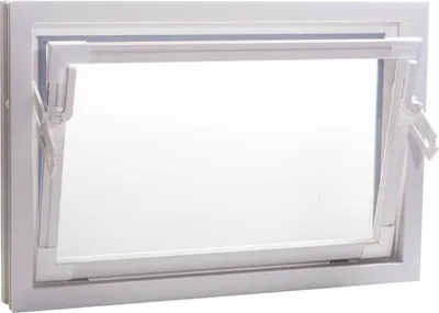 A white casement window with a white frame is shown against a white background. The window is slightly open, with the casement tilted outwards.