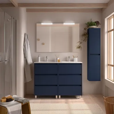 Produktbild von Badezimmermöbel BALTIC 1200 6 Schubladen BLUE SATIN + Waschtisch + Spiegel
