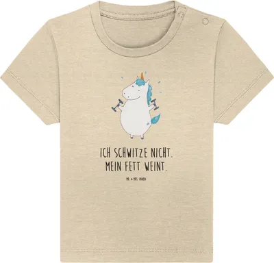 Produktbild von Mr. & Mrs. Panda Babyshirt Einhorn Fitness 6. - 12. Monat - Natural Raw - Geschenk, Einhörner, Unicorn, Baby  Shirt, Abnehmen, Kinder T-Shirt, Fitnessstudio, Gym