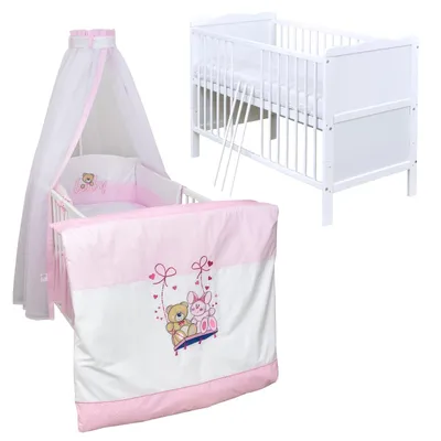 Produktbild von Baby-Delux Babybett Kinderbett Umbaubar 140x70 Weiß Bettset Komplett mit Motiv Schaukelfreunde