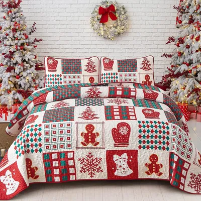 Obrázek produktu pro Vánoční přehoz 240×260 cm, červený vzor se sněhovými vločkami, oboustranný, prošívaný + 2 povlaky na polštáře 50×75 cm