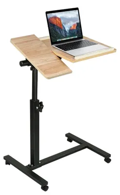 Produktbild von Rollbarer Laptop-Tisch - Höhenverstellbarer Computertisch - L-Form - 65–95 cm Höhe - Betttisch auf Rollen - Metallgestell - Naturholzfarbe