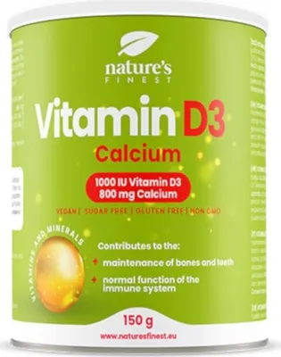 Produktbild von Natures Finest Vitamin D3 & Calcium Pulver  hochdosiert  Untersttzung fr Immunsystem & Knochen  1000 IU Vitamin D3 & 800 mg Calcium  150 g