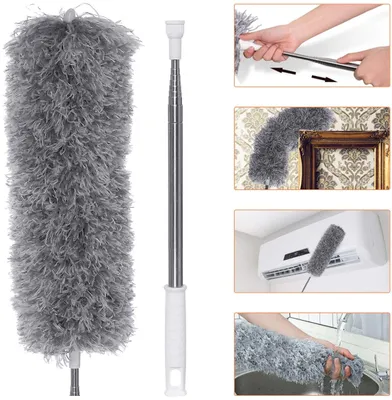 Produktbild von Staubwedel Teleskop Waschbar, Staubwischer Mikrofaser Edelstahl Teleskop Stange und Verbiegbare Eckbesen, Staubwedel Lang Ausziehbar Extra Lang Bis 100 inch, für Decken Spinnweben (Grau)