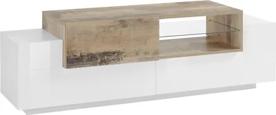 Produktbild von Fernsehschrank Dlodrin, Niedriges Sideboard für Wohnzimmer, Sockel für TV-Möbel, 100 %  Italy, cm 160x45h51, Weiß glänzend und Ahorn