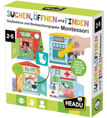 Montessori Lernspiel „Suchen, Öffnen und Finden“ von HEADU mit vier Gebäude-Karten, Schlüssel und Suchkarten zur Förderung von Gedächtnis und Beobachtung.