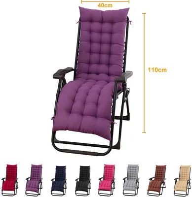 A purple recliner chair cushion is shown in the center, with a row of other colored cushions below. Dimensions are indicated with text.