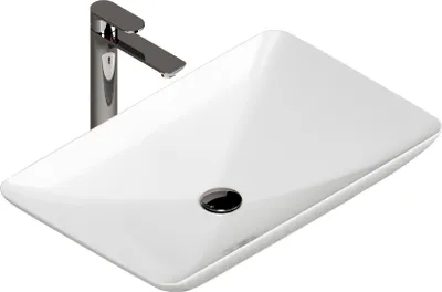 A white ceramic vessel sink with a modern chrome faucet.