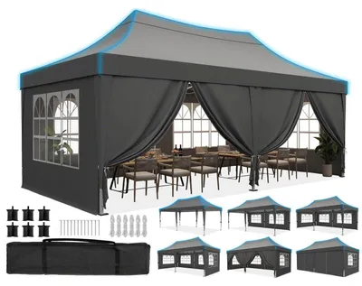 Produktbild von Faltpavillon 3x6m wasserdicht mit Seitenwänden UV-Schutz 50+ Stahlrahmen Grau Spitzdach