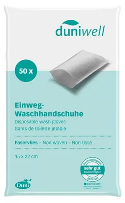 Zdjęcie produktu dla Duni duniwell jednorazowe rękawiczki do mycia 15x22cm białe opakowanie 50 sztuk