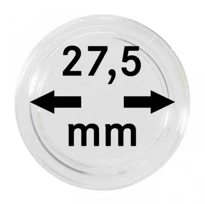 A close-up of a clear plastic coin capsule with measurement indicators.