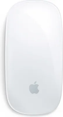 A top-down view of a white Apple Magic Mouse on a white background.
