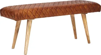 Produktbild von Sitzbank Echtleder / Massivholz Bank 115x53x38 cm, 2er Polsterbank Flur Esszimmer Braun, Kleine Bettbank Leder, Dielenmöbel Flurbank