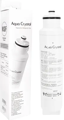 A product shot of a refrigerator water filter and its packaging.