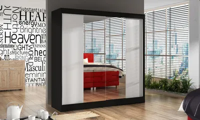 Produktbild von Schwebetürenschrank Basti II 200 cm mit Spiegel - Kleiderschrank mit 2 Türen, Kleiderstange und Einlegeboden, 200x215x58 cm (Schwarz/Weiß)