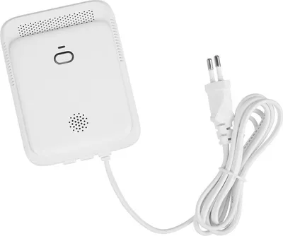 A white smart home device with a power cord and plug.