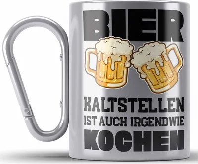 Produktbild von Trendation - Bier Edelstahl Tasse Karabiner Lustiger Spruch Saufen Party Lustiger Spruch Männer Vater (Silber)