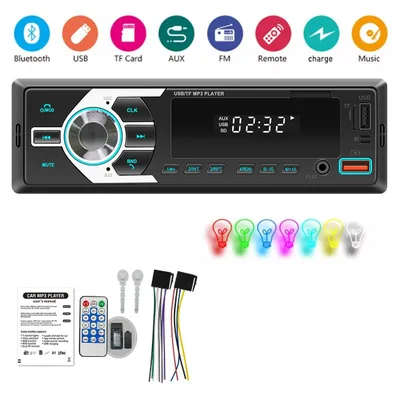Imagen del producto de Radio para coche 1 DIN con Bluetooth, manos libres, RDS, sintonizador AM/FM, reproductor de MP3, puertos USB y SD, entrada AUX, 4 canales, 60 vatios, 12V, pantalla multifuncional con iluminación de varios colores, y control remoto. Modelo: D3104