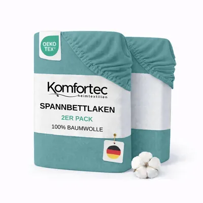Produktbild von Komfortec 2er Pack Jersey Spannbettlaken 180x200 cm, 100% Baumwolle, Doppelpack Spannbettuch, Dunkelgrün