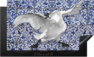 Produktbild von KitchenYeah© Herdabdeckplatte Schwan - Kunst - Delfter Blau - Malerei - Alte Meister , 90x52cm, Küche Deko, Glaskeramikkochfeld Herdabdeckung, Abdeckplatte fùr Kochfeld