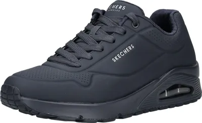 A single navy blue Skechers Uno Stand On Air sneaker is shown from a side-angle on a white background.