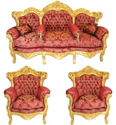 Produktbild von Casa Padrino Barock Wohnzimmer Set Bouquet Muster Bordeaux / Gold - 3er Sofa + 2 Sessel (200x80x130cm)
