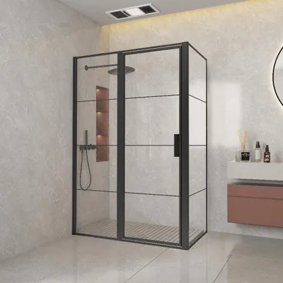Produktbild von Duschabtrennung mit Schwenktür und festem Seitenteil BREDA CUADRA Schwarz Matt - Glas 8 mm