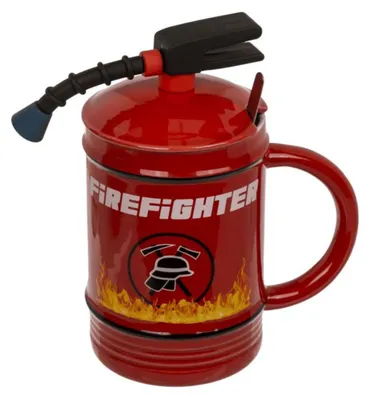 A red mug shaped like a fire extinguisher with the word "FIRE FIGHTER" printed on it.