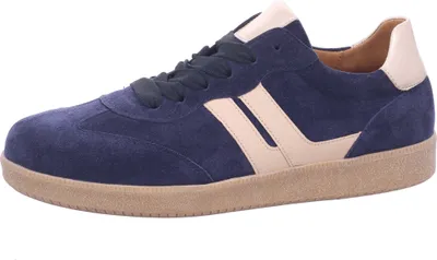 A single blue and beige sneaker is shown against a white background.