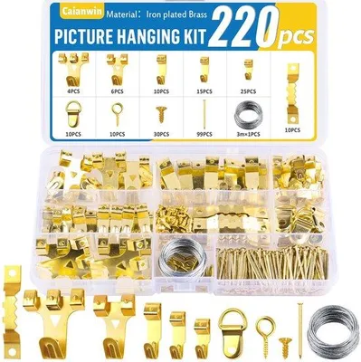 Immagine prodotto di Set di ganci per quadri in oro giallo da 220 pezzi, supporto per quadri con pinzetta, set di cornici per foto con scatola portaoggetti