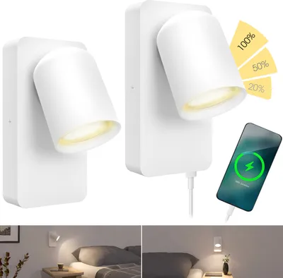 Produktbild von SSC-LUXon NERU Design Nachttischlampe 2 Stück weiß - Wandlampe innen inkl. USB, Schalter & LED GU10 Lampe dimmbar ohne Dimmer
