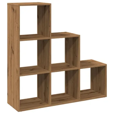 A wooden cube shelf unit with a stepped design.