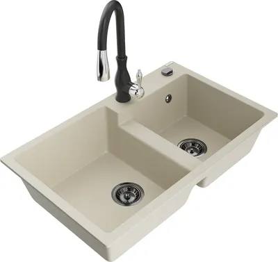 Produktbild von Mexen Tomas 2-Becken-Granitspüle mit Mischbatterie Savita, Beige - 6516-69-672601-70