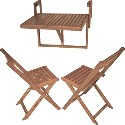 Produktbild von Balkontisch-Hängetisch 3er Set 2xStühle 1x Tisch Holz Balkonmöbel Braun Klappstuhl Holztisch Gartenmöbel höhenverstellbar