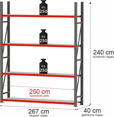 Zdjęcie produktu dla Regał metalowy magazynowy warsztatowy 4-półkowy Mega-M FORTIS 267x40x240cm moduł bazowy