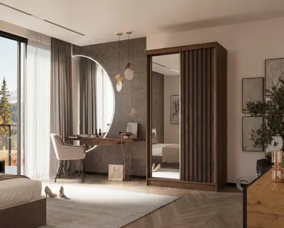 Produktbild von Masseno Schiebetürenschrank LAMELLO 120/216/61 cm Modern Kleiderschrank 2-türig mit Spiegel Nussbaumfarben