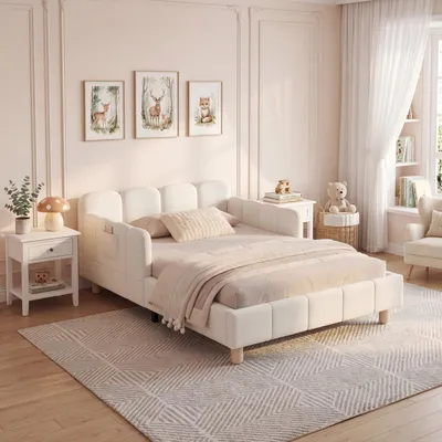 Produktbild von Flieks Kinderbett 90x200cm mit Rausfallschutz, Polsterbett mit Verstellbaren Armlehnen, Einzelbett Holzbett mit Holzbeinen, Samt, Beige