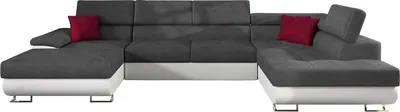 A U-shaped sectional sofa with two red accent pillows.