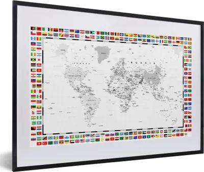 Produktbild von MuchoWow® MuchoWow® Gerahmtes Poster Weltkarte - Schwarz - Weiß - Flagge 60x40 cm - Poster mit zchwarzem Bilderrahmen - Schlafzimmer - Plakat in Rahmen - Drucken