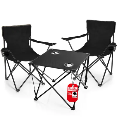 Produktbild von BigDean 2 Stück Campingstühle & Campingtisch faltbar – Faltstuhl in Schwarz mit Getränkehalter & Tragetasche ideal für Camping, Festival & mehr