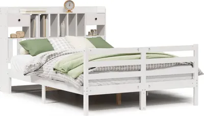 Imagen del producto de Cama de madera maciza con estantería, sin colchón, color blanco, 160x200 cm, pino