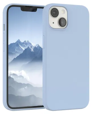 A light blue silicone phone case is shown on a white background, with a smartphone inside the case displaying a mountain landscape.