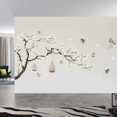 Produktbild von Wandaufkleber mit Blumen, Bäumen und Vögeln, elegante Wandaufkleber mit schönen Hintergründen für Zuhause, große Größe, Aufkleber für Wohnzimmer, Schlafzimmer, DIY, Vinyl, Schlafzimmer, Heimdekoration